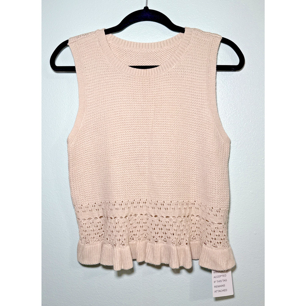 CiCiBIRD‎ Sweater Crochet Ruffle Sleeveless Vest Tank Boho Beige Womens Med NWT